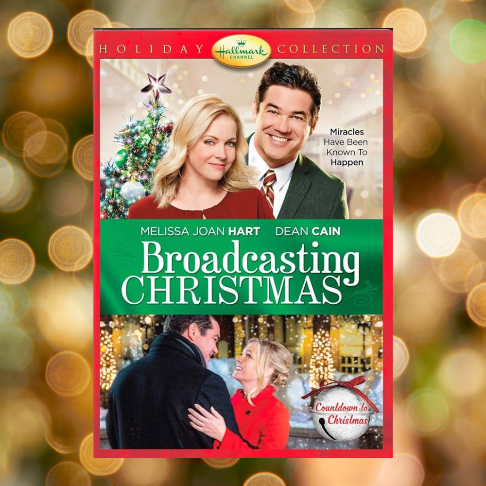 The cover of the Hallmark movie Broadcasting Christmas against a blurry light background