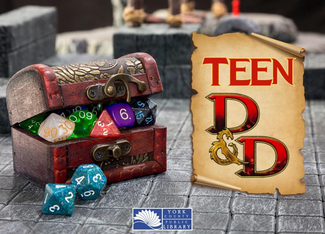 Teen Dungeons and Dragons with images of dice and scroll