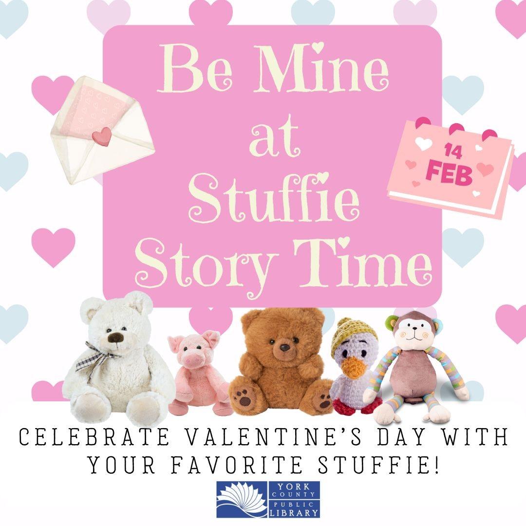 words "Be Mine at Stuffie Story Time" on a pink background