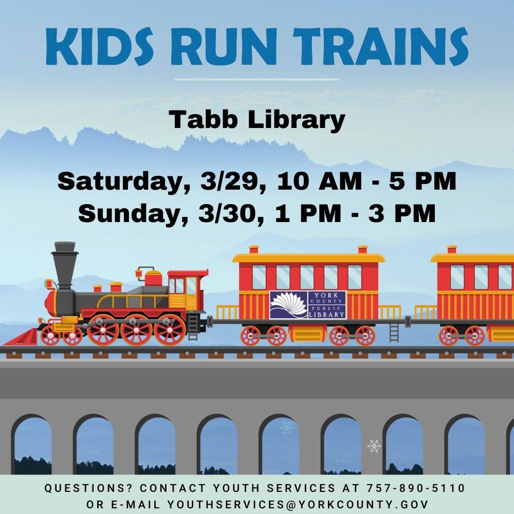 words "kids run trains" with image of a train on a bridge