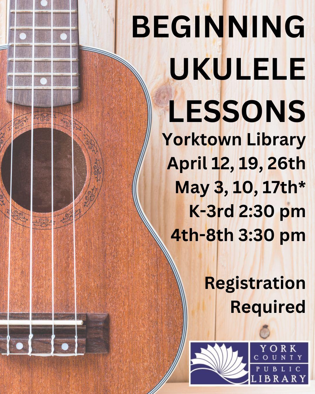 Rustic background with the body of a ukulele and Lesson dates and times listed.