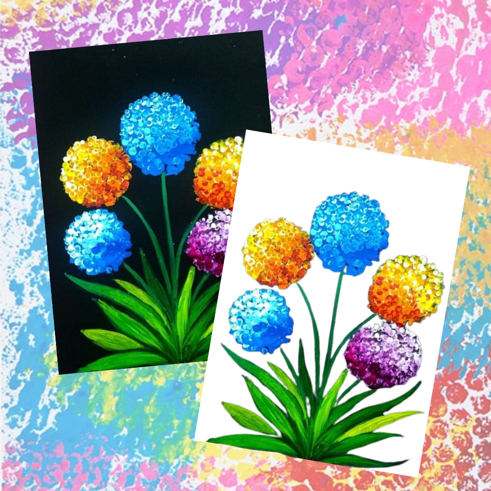 two flower paintings against a multicolored background