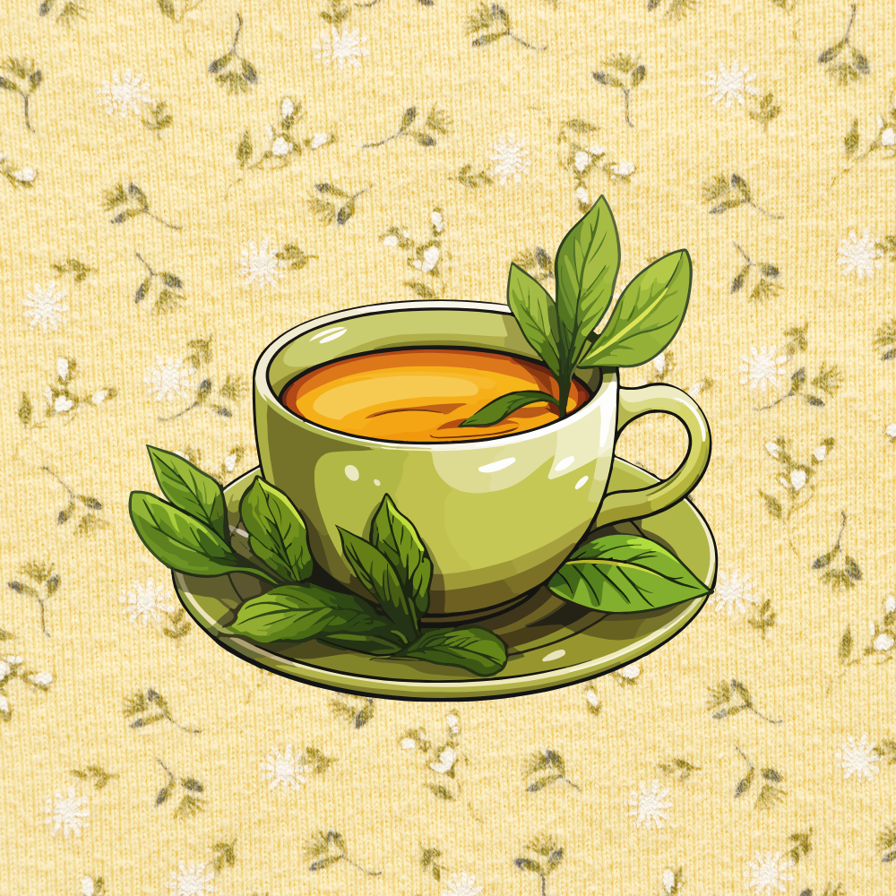 Graphic of a green cup of tea with tea leaves on saucer against a yellow background