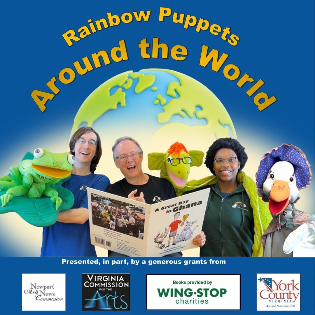 words "Rainbow Puppets Around the World" with puppets and puppeteers