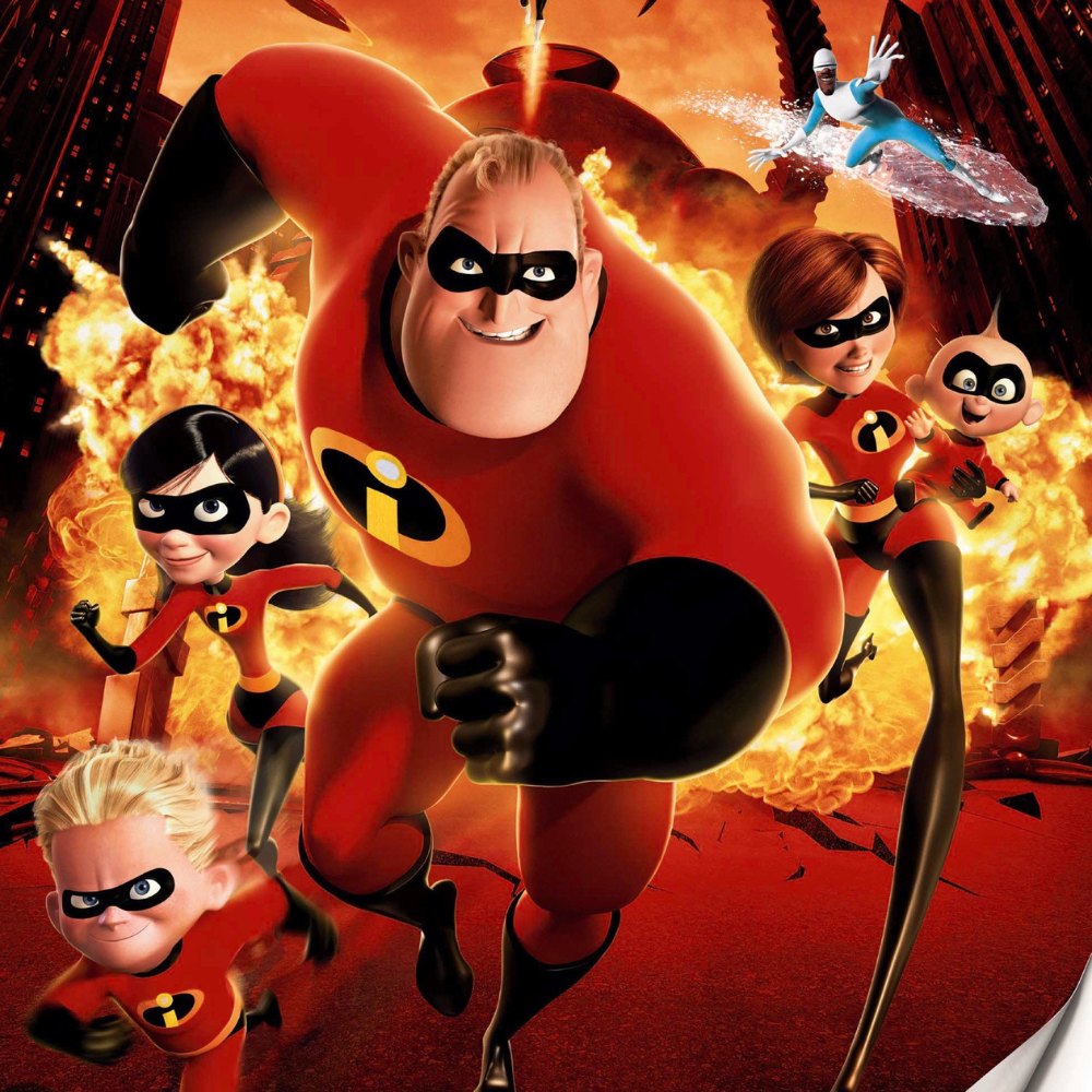 The Incredibles movie poster featuring the main characters sprinting forward with fire behind them