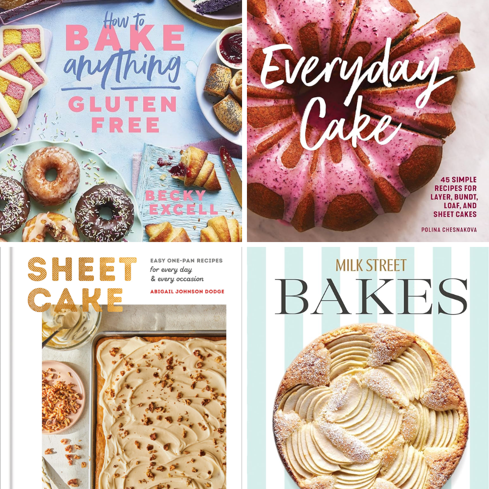 Four cookbook covers featuring baking and/or cakes