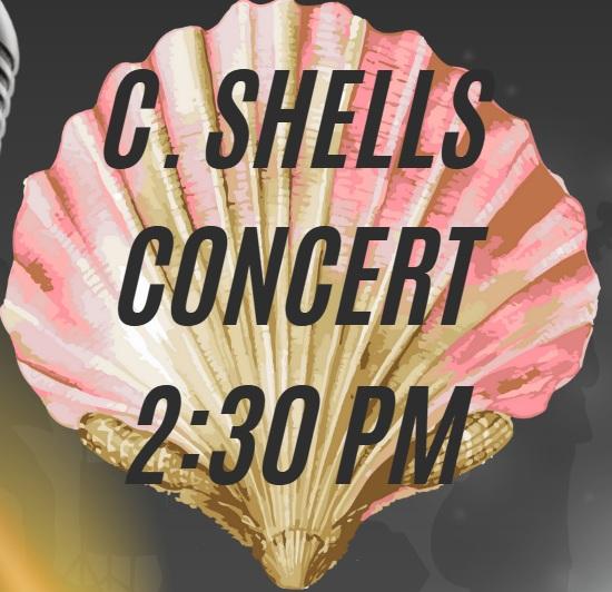 image of pink shell with c. shells concert 2:30 pm written on it