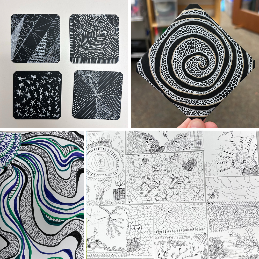 Four photos arranged in a non-parallel grid. Each photo is of a doodle.