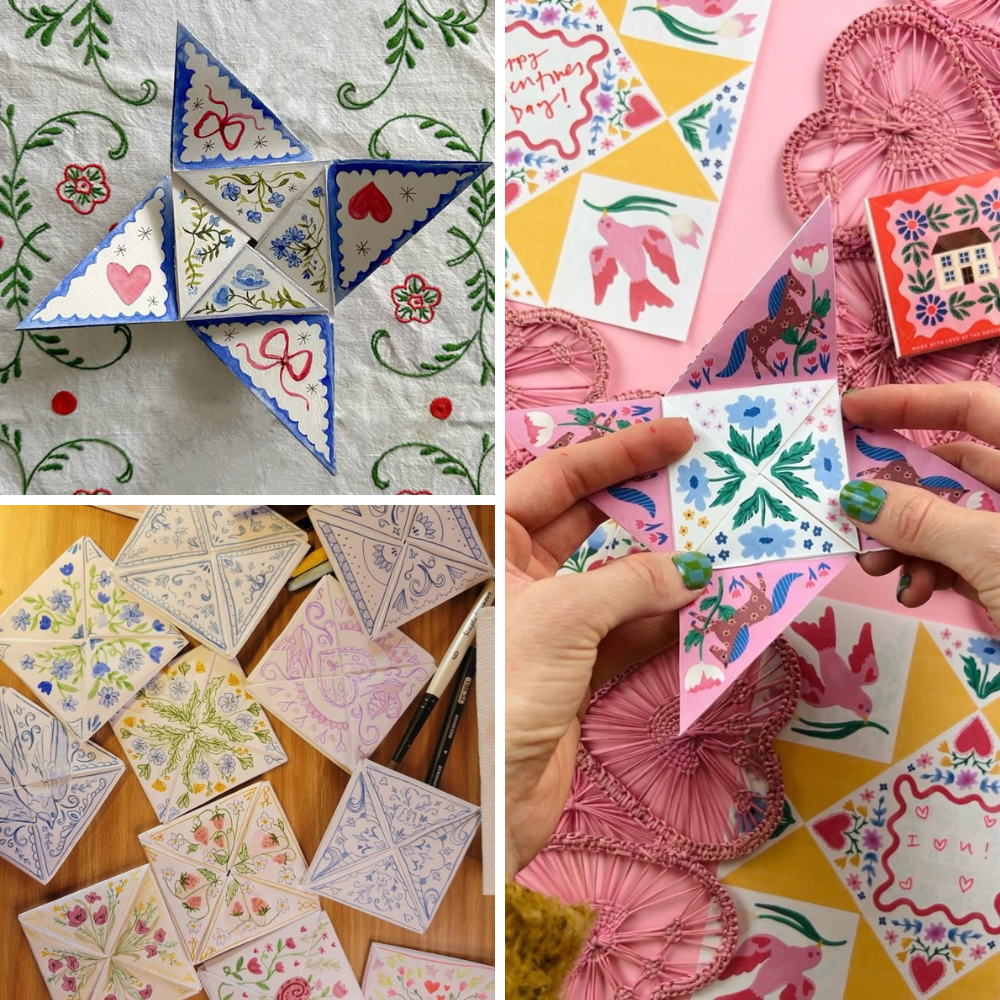 A three photo grid of various Victorian purse origami-style valentines