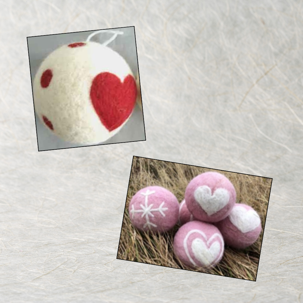 Two photos of wool dryer balls with heart designs overlayed on a white wool background